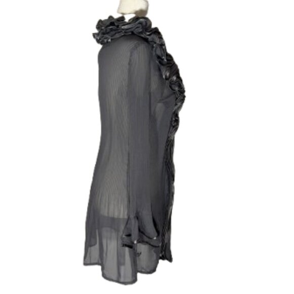 Pretty Angle Long Sleeve Button Up Gray Ruffle Silk Tunic - Small - Picture 5 of 9